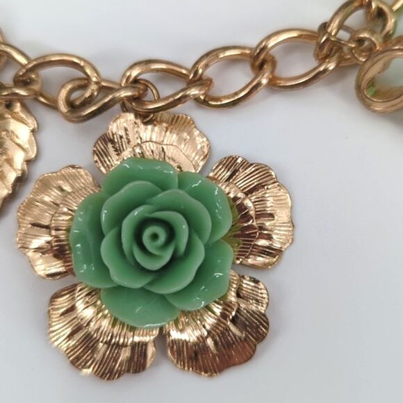 Flower Heart Pearl Charm Turquoise Gold Tone Chunky Chain Bracelet - Picture 3 of 5